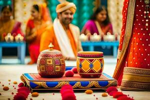 indio Boda ceremonia con vistoso decoraciones generado por ai foto