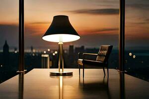 a chair and lamp sitting on a table in front of a city skyline. AI-Generated photo