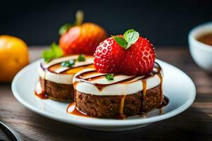 a plate topped with two cakes and strawberries. AI-Generated photo