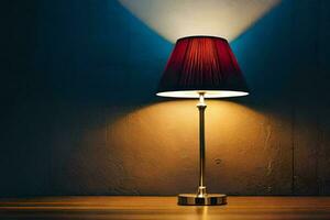 a red lamp on a table in front of a dark wall. AI-Generated photo