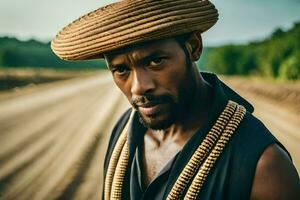 un hombre vistiendo un sombrero en un suciedad la carretera. generado por ai foto