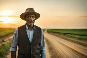 un africano americano hombre en un sombrero y chaleco en pie en un suciedad la carretera. generado por ai foto