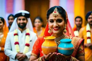a bride in traditional indian attire holding two pots. AI-Generated photo
