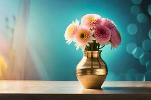 a golden vase with pink flowers on a table. AI-Generated photo