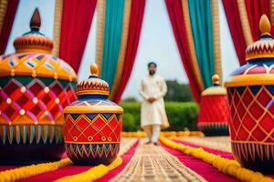a man in traditional indian attire stands in front of colorful vases. AI-Generated photo