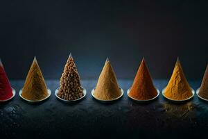 a row of different colored spices in a bowl. AI-Generated photo