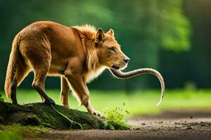 a lion is standing on a rock with a snake in its mouth. AI-Generated photo