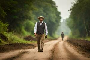 a man in a hat and vest walking down a dirt road. AI-Generated photo