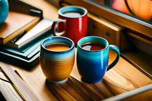 two colorful mugs sit on a table next to books. AI-Generated photo