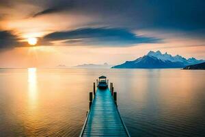 a pier in the middle of a lake with mountains in the background. AI-Generated photo