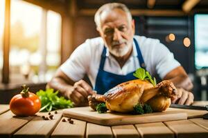 a man is preparing a chicken on a cutting board. AI-Generated photo