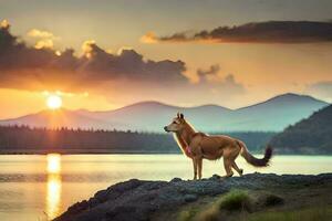 a dog stands on a rock overlooking a lake at sunset. AI-Generated photo