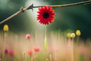 un rojo flor es colgando desde un rama en un campo. generado por ai foto