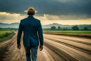 un hombre en un traje y sombrero caminando abajo un suciedad la carretera. generado por ai foto