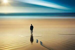 un hombre en pie en el playa con el Dom brillante. generado por ai foto