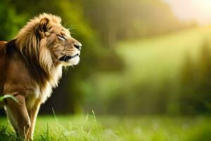 a lion standing in the grass with the sun in the background. AI-Generated photo