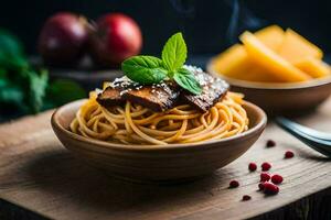 spaghetti with meat and cheese in a wooden bowl. AI-Generated photo