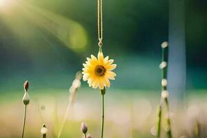 un amarillo flor es colgando desde un collar en un campo. generado por ai foto