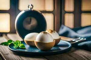 three eggs in a wooden bowl on a blue plate. AI-Generated photo