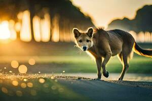 un perro caminando en un la carretera a puesta de sol. generado por ai foto