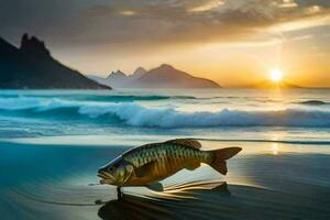 un pescado en el playa a puesta de sol. generado por ai foto