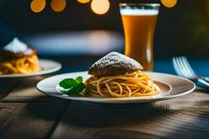 espaguetis y cerveza en un de madera mesa. generado por ai foto