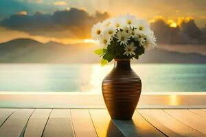 a vase with flowers on a wooden table in front of the ocean. AI-Generated photo