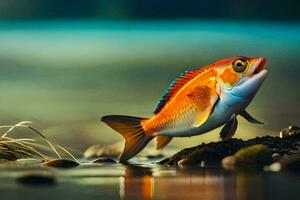 a fish is standing on the water with grass and rocks. AI-Generated photo