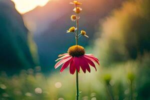 a pink flower stands in the middle of a field. AI-Generated photo