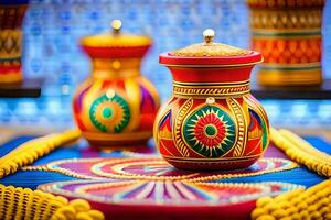 colorful vases on a colorful table with colorful decorations. AI-Generated photo