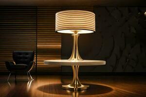 a modern lamp with a gold shade on top of a table. AI-Generated photo