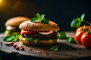 hamburger with tomatoes and herbs on a wooden table. AI-Generated photo