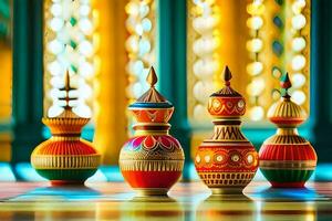 colorful vases on a table with colorful lights. AI-Generated photo