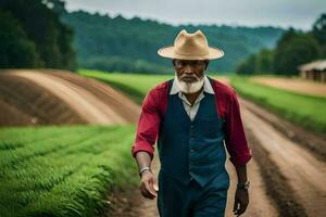 a man in a hat and vest walking through a field. AI-Generated photo