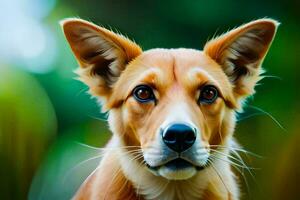 un cerca arriba de un perro con un verde antecedentes. generado por ai foto