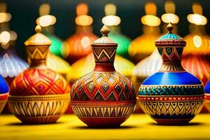 colorful vases are lined up on a table. AI-Generated photo