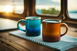 two coffee mugs sit on a table with a laptop. AI-Generated photo