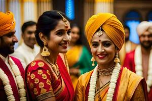 dos mujer en tradicional indio atuendo son sonriente. generado por ai foto