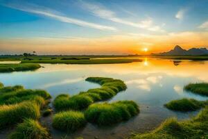 the sun sets over a marshy field with grass and water. AI-Generated photo