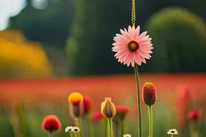 a pink flower is standing in the middle of a field. AI-Generated photo