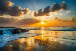 the sun rises over the ocean and the sky is filled with clouds. AI-Generated photo