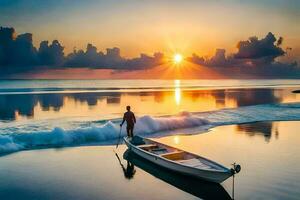 a man in a boat on the beach at sunset. AI-Generated photo