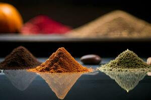 a variety of spices and spices are shown on a black surface. AI-Generated photo