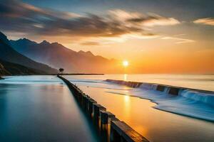 un largo exposición fotografía de un muelle en el Oceano a puesta de sol. generado por ai foto