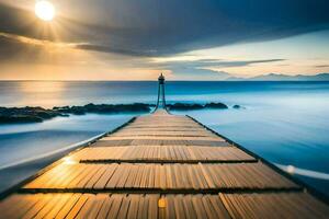 a wooden pier stretches out into the ocean at sunset. AI-Generated photo