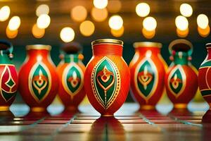 many colorful vases are lined up on a table. AI-Generated photo