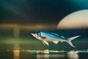 un pescado es nadando en el agua con un Luna en el antecedentes. generado por ai foto