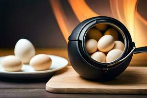 eggs in a pot on a cutting board. AI-Generated photo