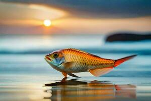 un pescado es en pie en el playa a puesta de sol. generado por ai foto