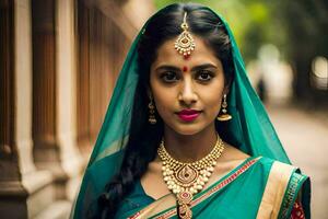 a beautiful indian woman wearing a traditional sari. AI-Generated photo